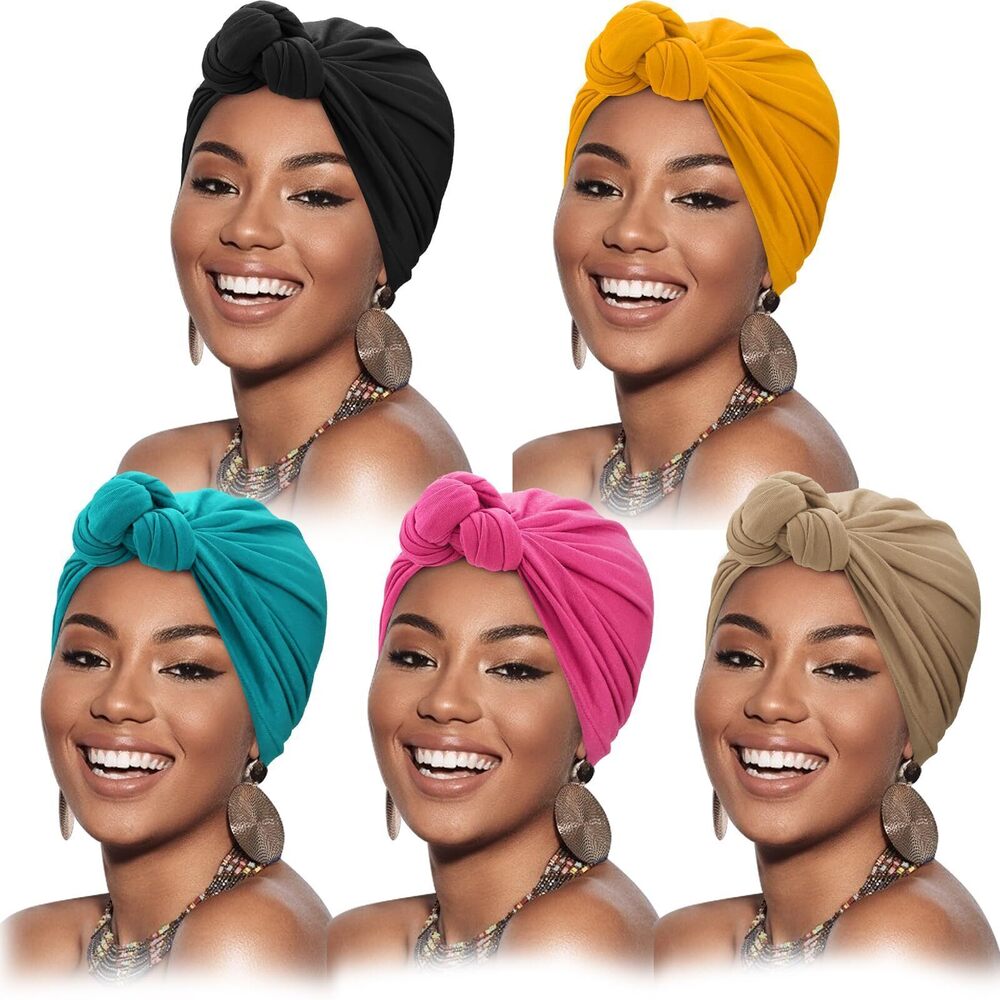 3393 5 Pack Knotted Headwraps African Turban Pre-Knotted Beanie Headwraps